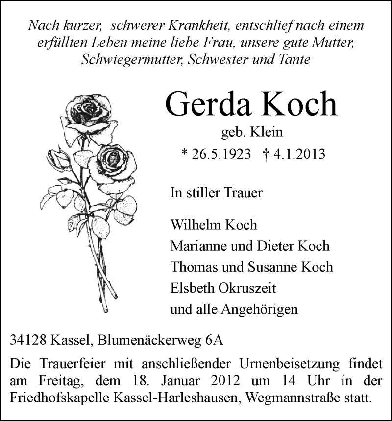  Traueranzeige für Gerda Koch vom 12.01.2013 aus HNA