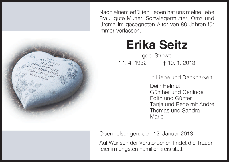  Traueranzeige für Erika Seitz vom 12.01.2013 aus HNA