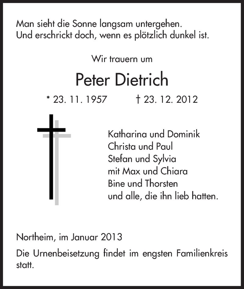  Traueranzeige für Peter Dietrich vom 19.01.2013 aus HNA