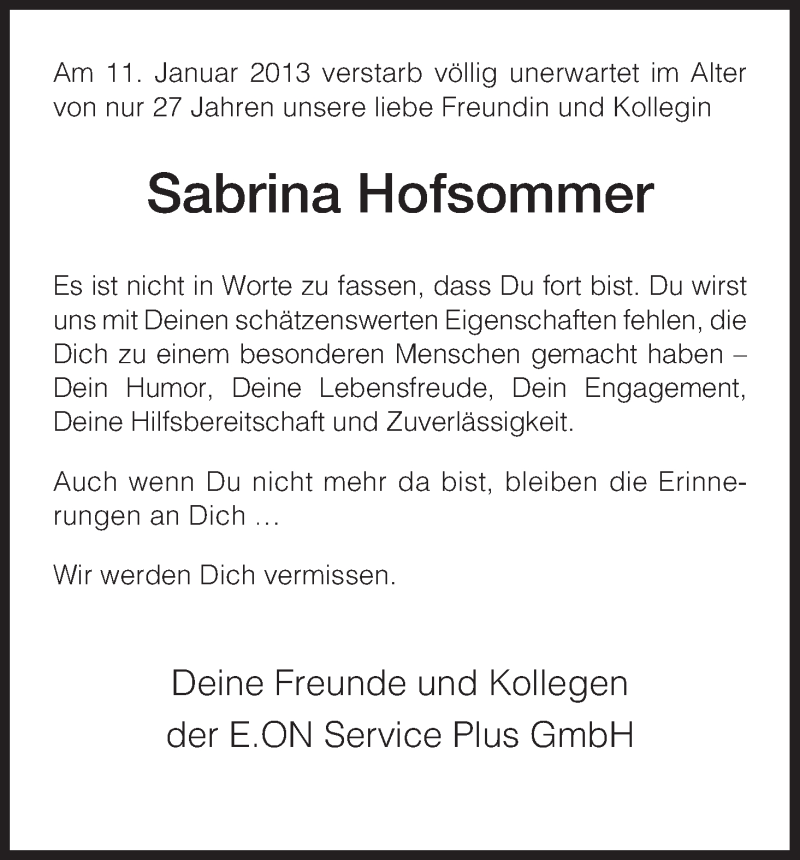  Traueranzeige für Sabrina Hofsommer vom 24.01.2013 aus HNA