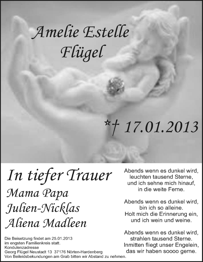  Traueranzeige für Amelie Estelle  Flügel vom 25.01.2013 aus HNA