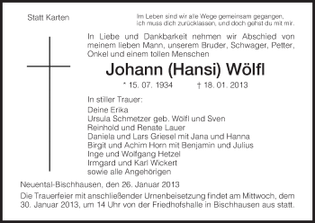 Traueranzeige von Johann Wölfl von HNA