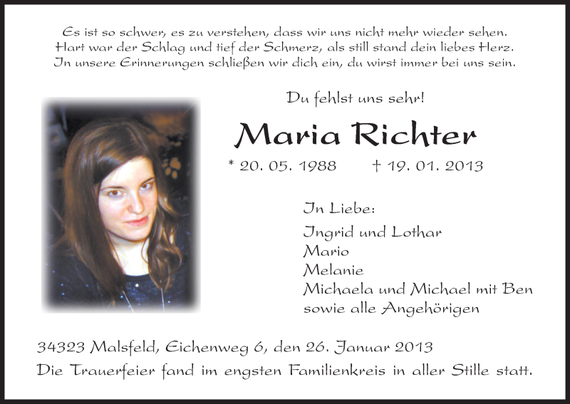  Traueranzeige für Maria Richter vom 26.01.2013 aus HNA