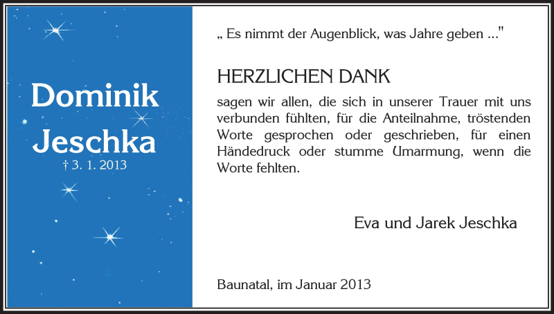 Traueranzeige für Dominik Jeschka vom 26.01.2013 aus HNA