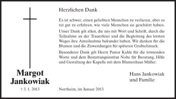 Traueranzeige von Margot Jankowiak von HNA