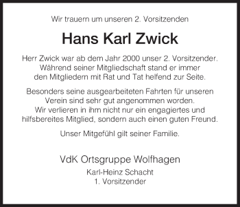 Traueranzeige von Hans Karl Zwick von HNA