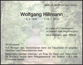 Traueranzeige von Wolfgang Hillmann von HNA