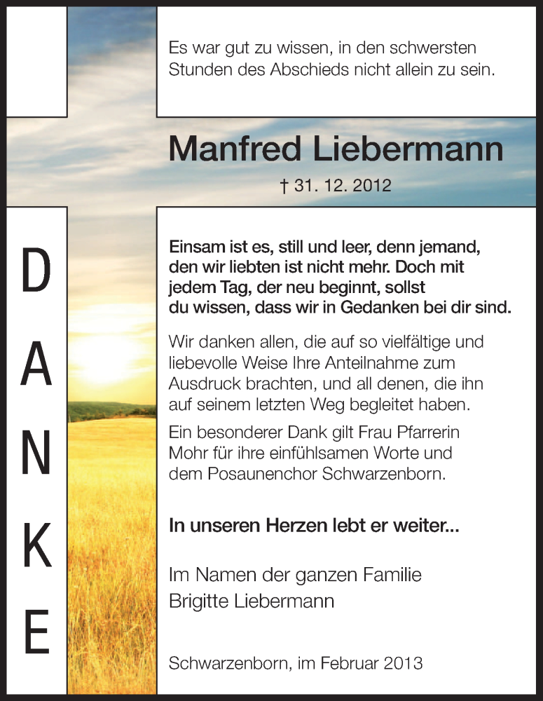  Traueranzeige für Manfred Liebermann vom 02.02.2013 aus HNA