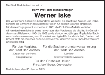Traueranzeige von Werner Iske von HNA