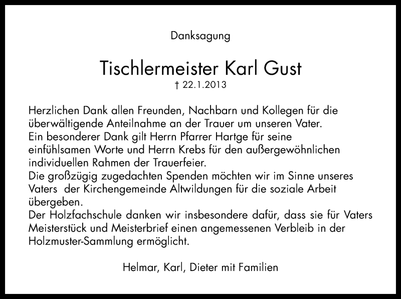 Traueranzeige für Karl Gust vom 02.02.2013 aus HNA