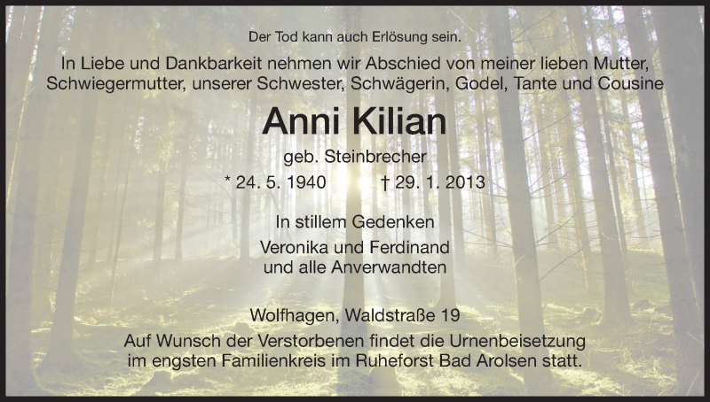  Traueranzeige für Anni Kilian vom 02.02.2013 aus HNA