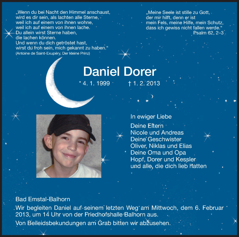  Traueranzeige für Daniel Dorer vom 04.02.2013 aus HNA