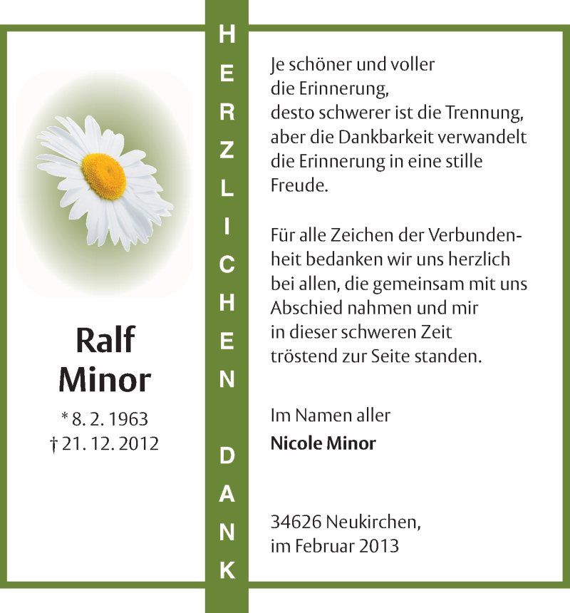  Traueranzeige für Ralf Minor vom 08.02.2013 aus HNA