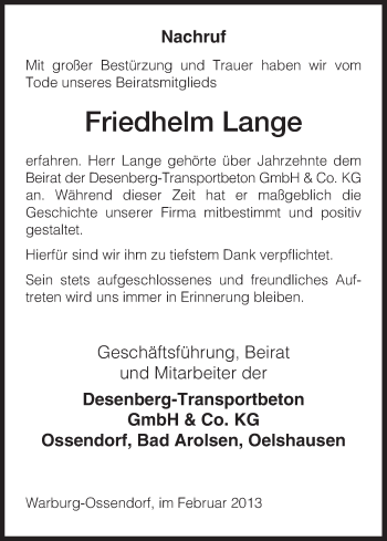 Traueranzeige von Friedhelm Lange von HNA