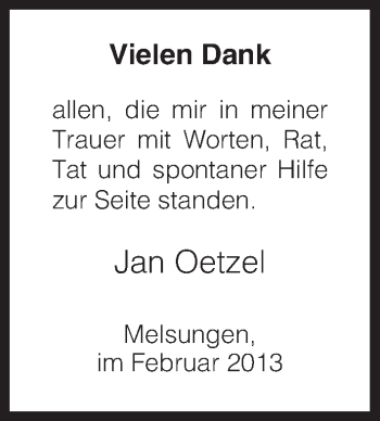 Traueranzeige von Jan Oetzel von HNA