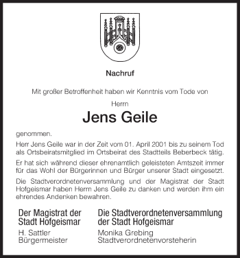 Traueranzeige von Jens Geile von HNA