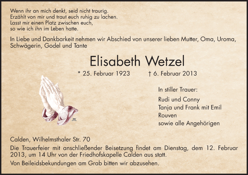  Traueranzeige für Elisabeth Wetzel vom 09.02.2013 aus HNA