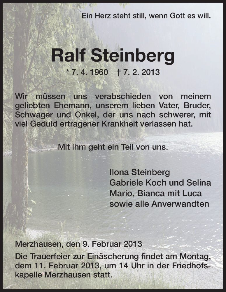  Traueranzeige für Ralf Steinberg vom 09.02.2013 aus HNA