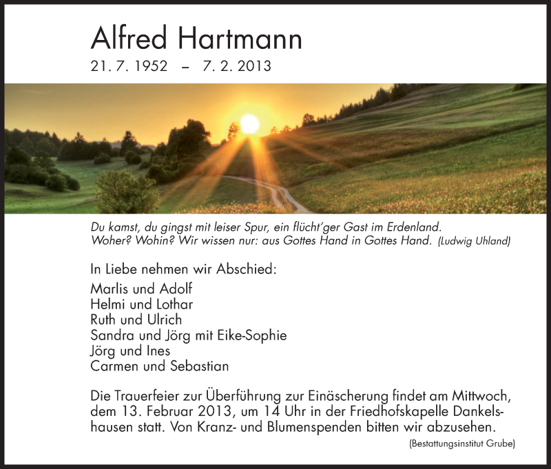  Traueranzeige für Alfred Hartmann vom 11.02.2013 aus HNA