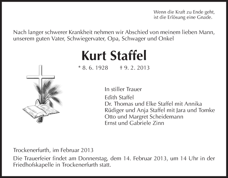  Traueranzeige für Kurt Staffel vom 12.02.2013 aus HNA