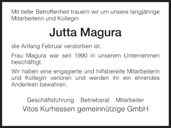 Traueranzeige von Jutta Magura von HNA