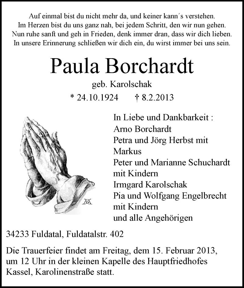  Traueranzeige für Paula Borchardt vom 12.02.2013 aus HNA