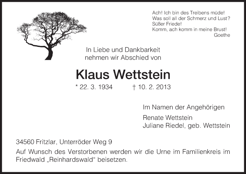  Traueranzeige für Klaus Wettstein vom 13.02.2013 aus HNA