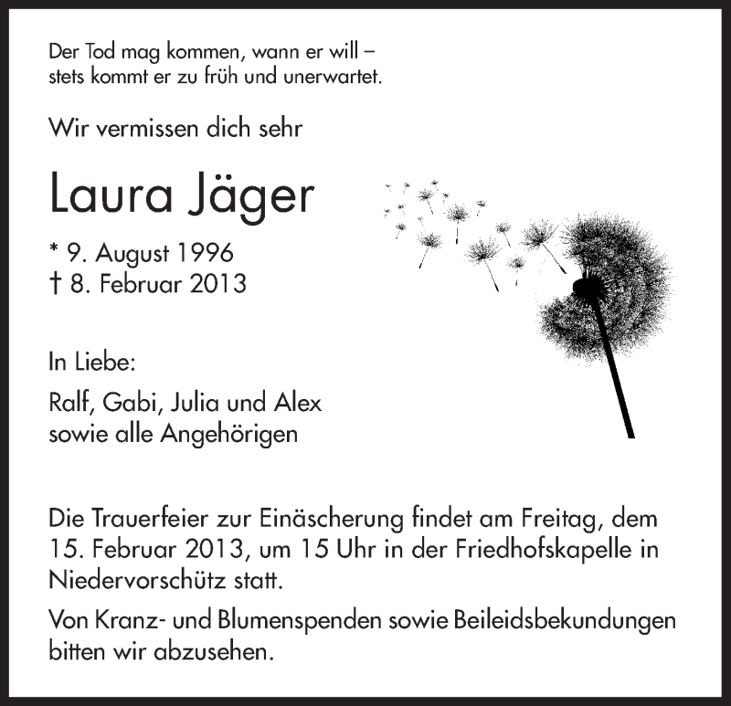  Traueranzeige für Laura Jäger vom 13.02.2013 aus HNA