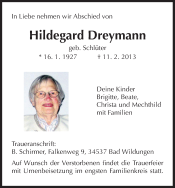 Traueranzeige von Hildegard Dreymann von HNA
