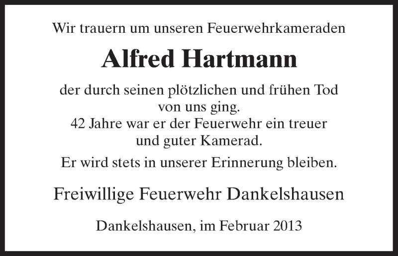  Traueranzeige für Alfred Hartmann vom 14.02.2013 aus HNA