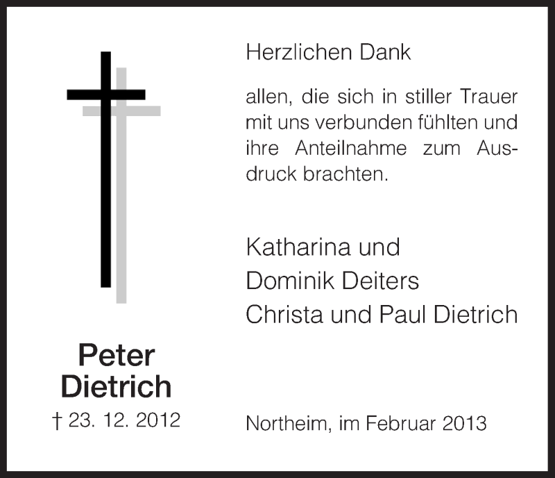  Traueranzeige für Peter Dietrich vom 16.02.2013 aus HNA