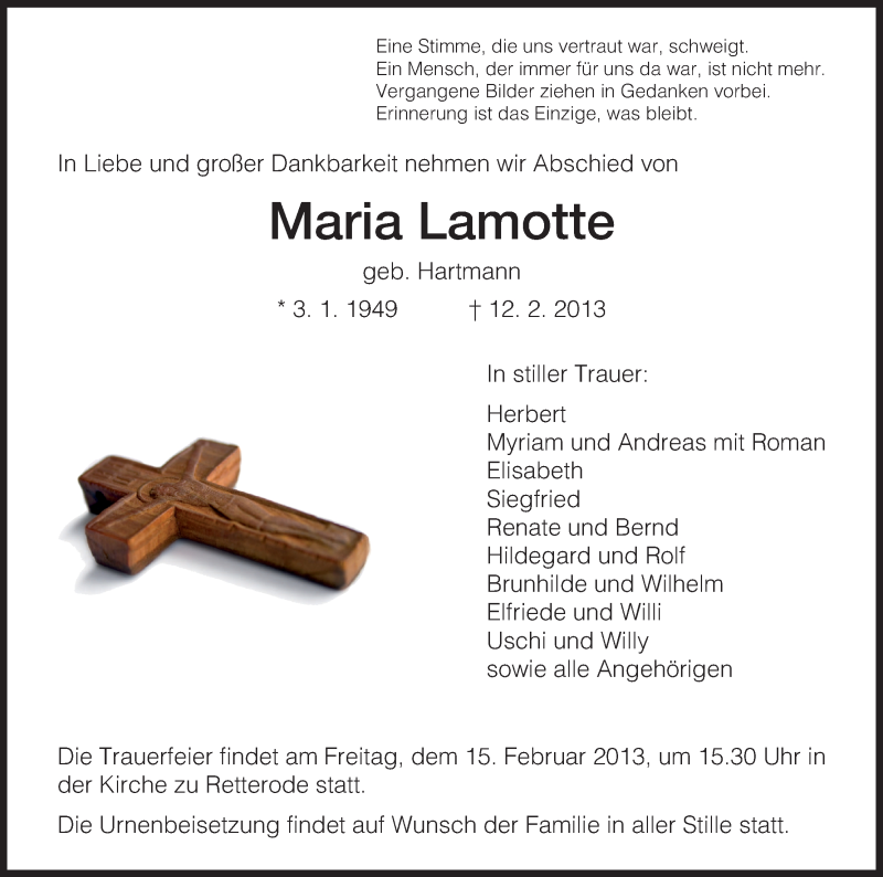  Traueranzeige für Maria Lamotte vom 14.02.2013 aus HNA