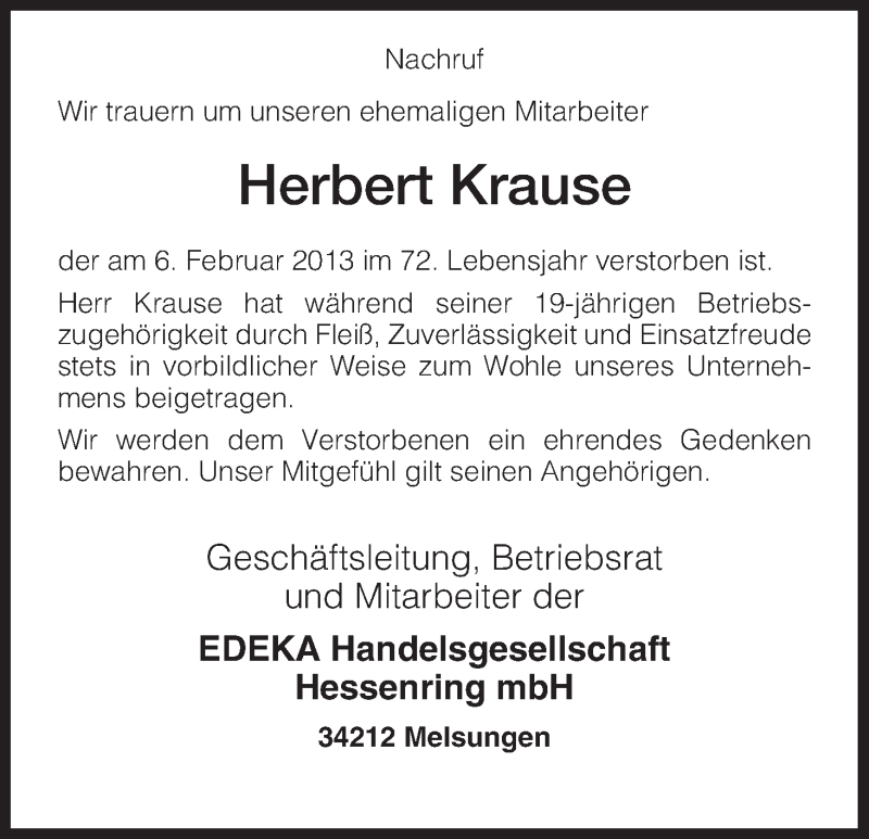  Traueranzeige für Herbert Krause vom 14.02.2013 aus HNA