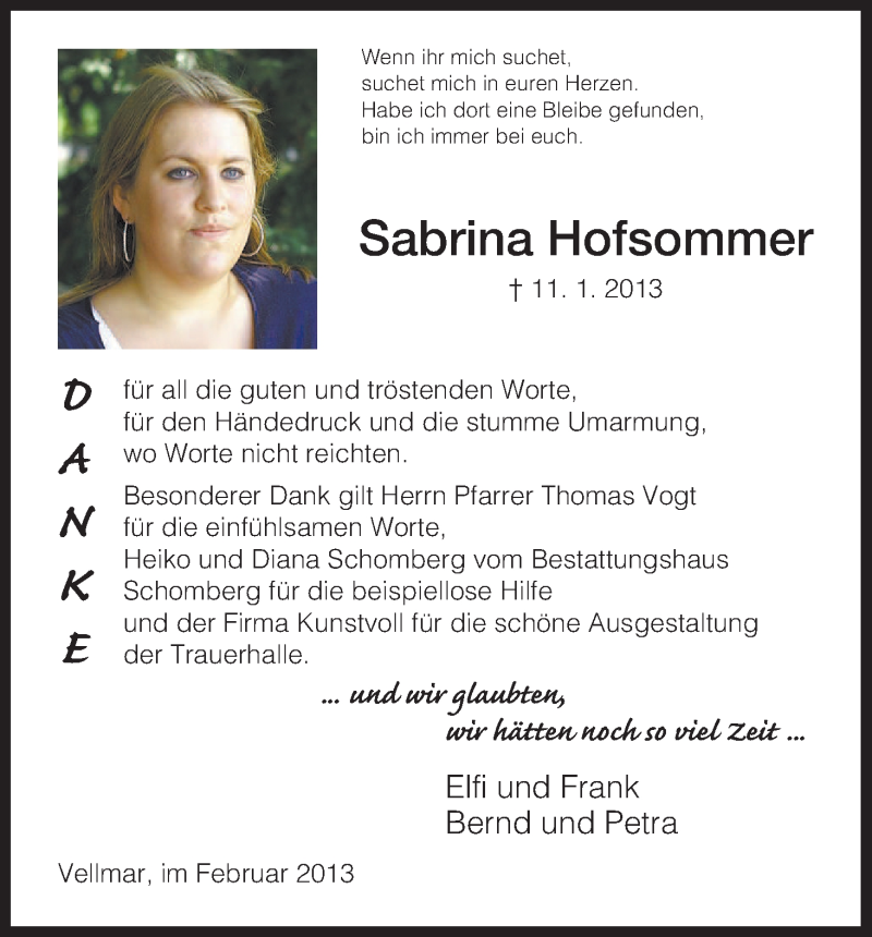  Traueranzeige für Sabrina Hofsommer vom 16.02.2013 aus HNA
