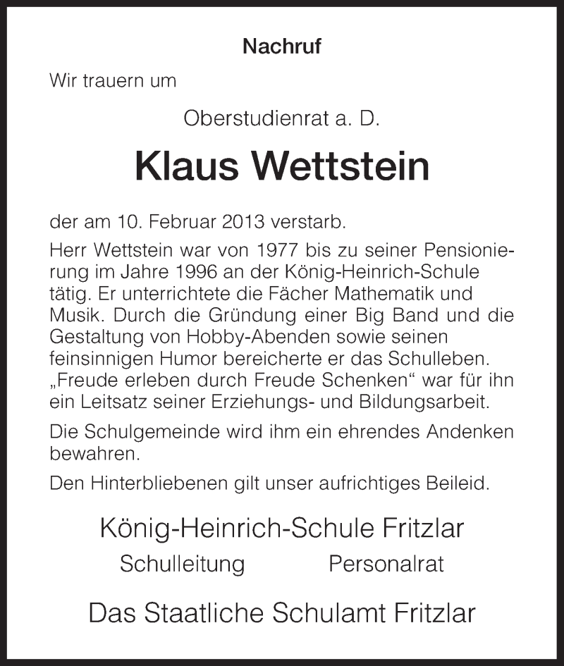  Traueranzeige für Klaus Wettstein vom 18.02.2013 aus HNA