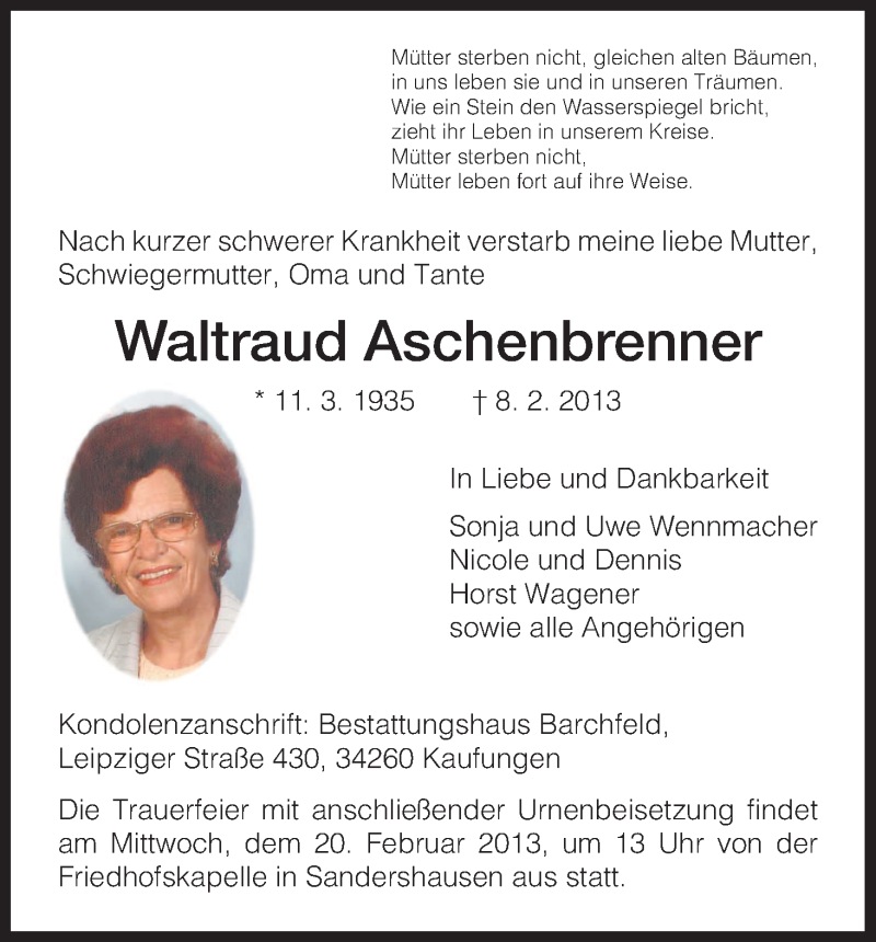  Traueranzeige für Waltraud Aschenbrenner vom 16.02.2013 aus HNA