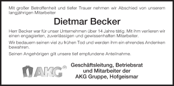 Traueranzeige von Dietmar Becker von HNA