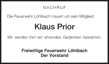 Traueranzeige von Klaus Prior von HNA