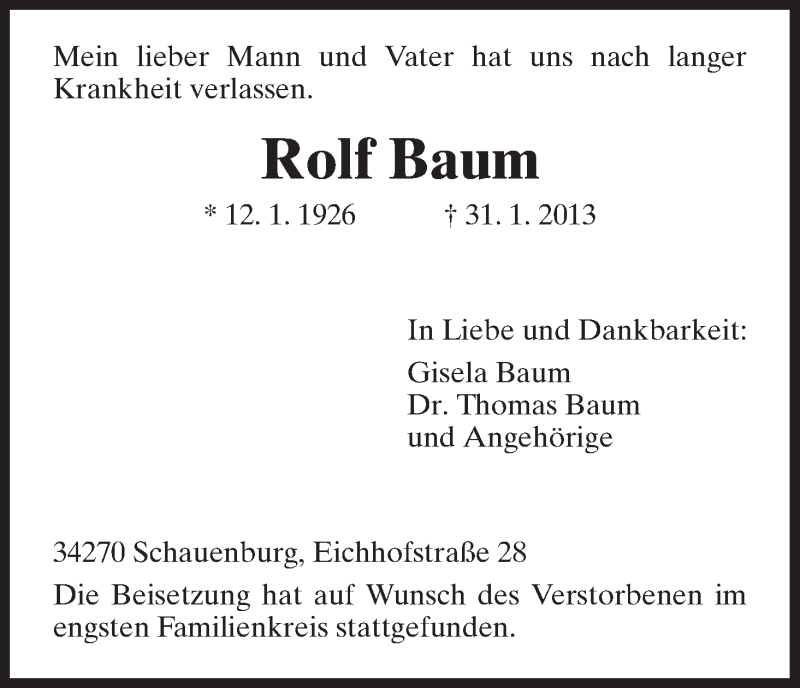  Traueranzeige für Rolf Baum vom 20.02.2013 aus HNA