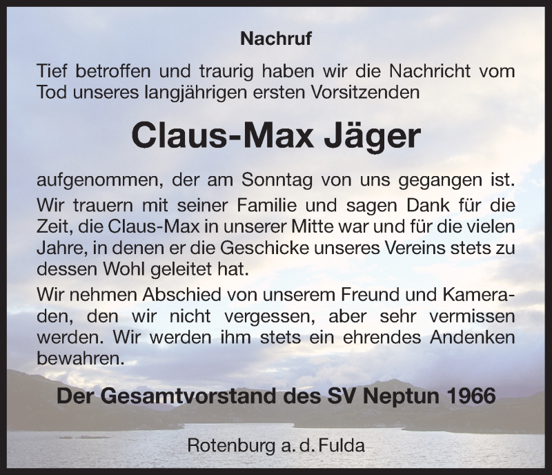  Traueranzeige für Claus-Max Jäger vom 20.02.2013 aus HNA
