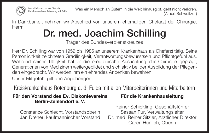  Traueranzeige für Joachim Schilling vom 19.02.2013 aus HNA