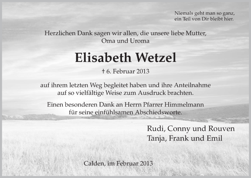  Traueranzeige für Elisabeth Wetzel vom 23.02.2013 aus HNA