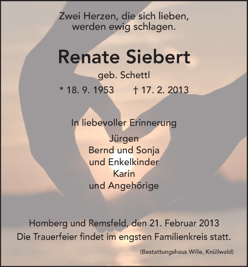  Traueranzeige für Renate Siebert vom 21.02.2013 aus HNA