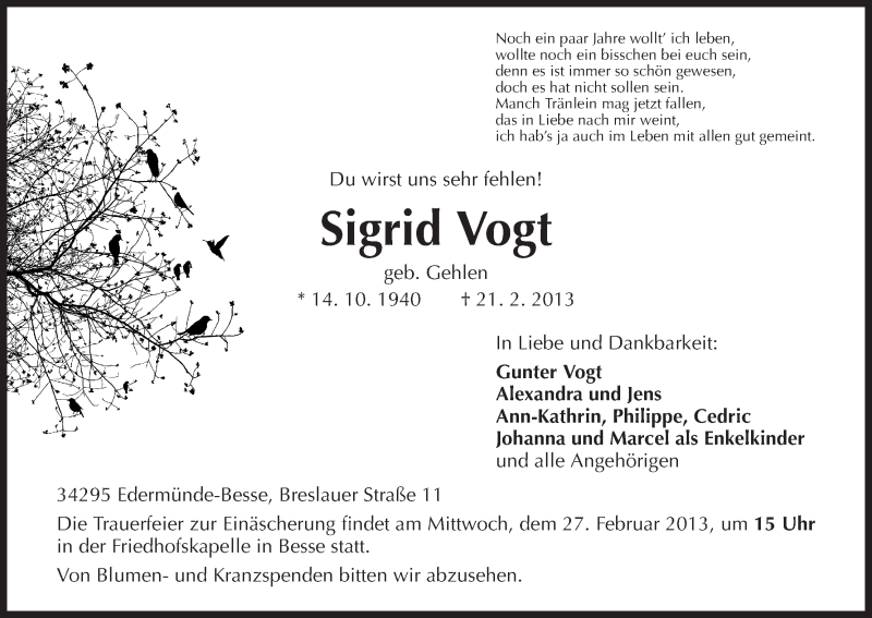  Traueranzeige für Sigrid Vogt vom 23.02.2013 aus HNA