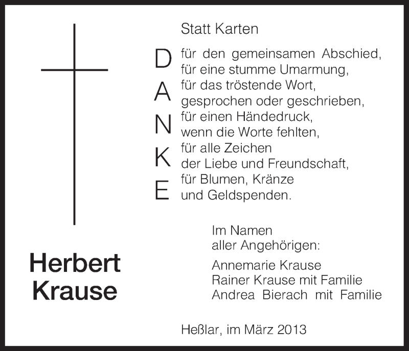  Traueranzeige für Herbert Krause vom 02.03.2013 aus HNA