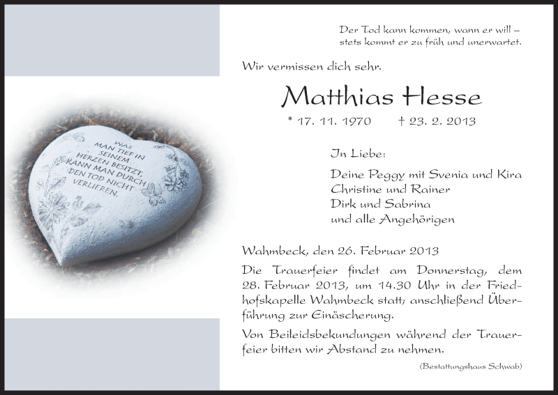  Traueranzeige für Matthias Hesse vom 26.02.2013 aus HNA