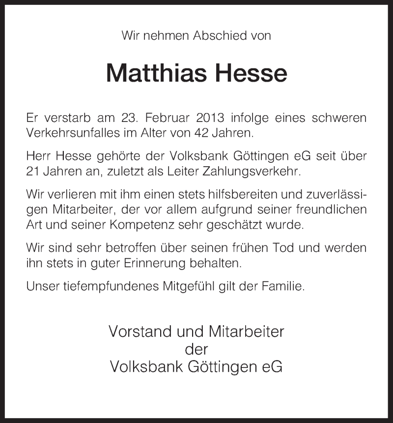  Traueranzeige für Matthias Hesse vom 27.02.2013 aus HNA