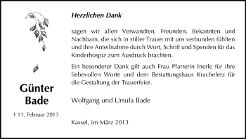 Traueranzeige von Günter Bade von HNA