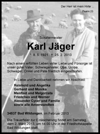 Traueranzeige von Karl Jäger von HNA