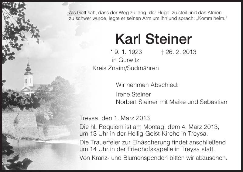  Traueranzeige für Karl Steiner vom 01.03.2013 aus HNA